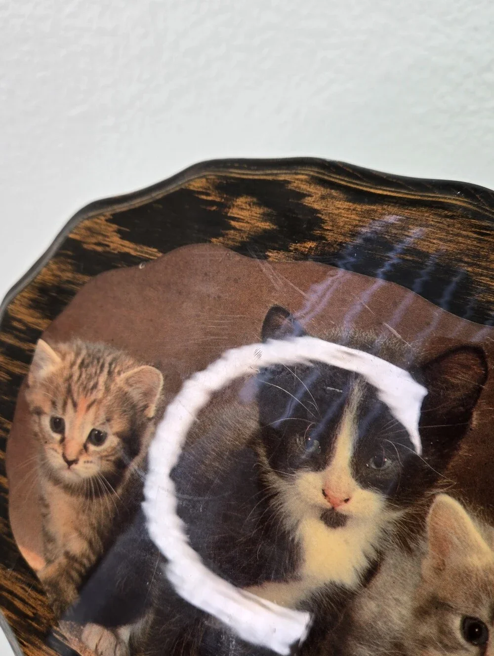VTG 80s Decoupage Wood Plaque 3 Kittens Lacquer Frame Cat Art Wall  Kitsch